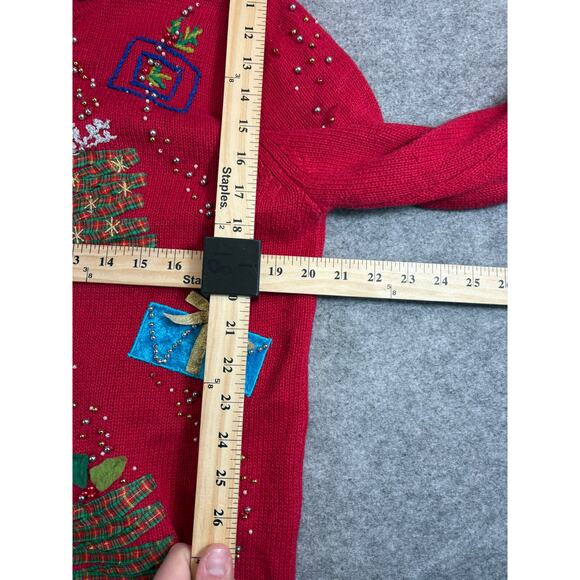 VTG Studio Joy Christmas Cardigan Women M Red Knit Beaded Patchworks Grandma 90s - Picture 7 of 10